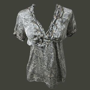 BCBGMAXAZRIA Paisley Ruffle Blouse Boho V Neck Top Women’s